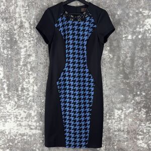 Trulli‎ Sz 8 Houndstooth Beaded Knee Length Sheath Dress Black Blue Short Sleeve